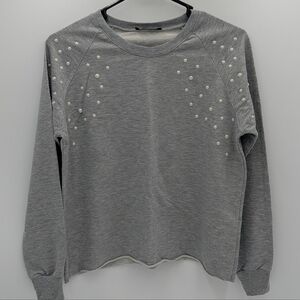 Select Women's Gray Pearl Embellished Sweater Cotton Blend Crew Neck